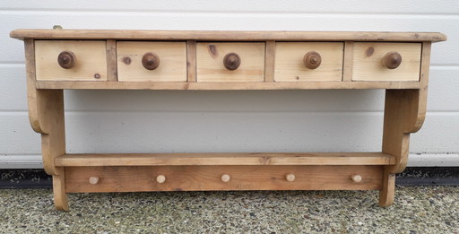 Brocante grenen wandplank met laatjes 85 cm breed