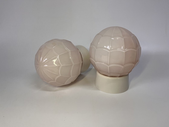 Image 1 of 1X Vintage Zacht Roze Thabur Plafondlamp Art Deco Met Crème Bakelieten Armatuur