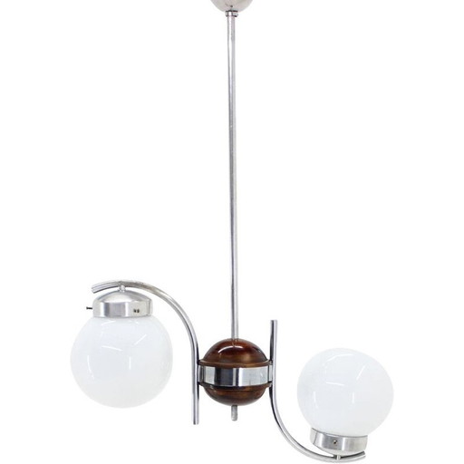 Vintage kroonluchter van art deco glas, metaal en hout, Tsjecho-Slowakije 1930