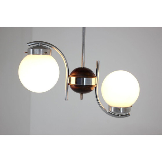 Image 1 of Vintage kroonluchter van art deco glas, metaal en hout, Tsjecho-Slowakije 1930