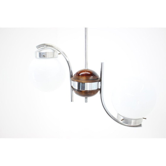 Image 1 of Vintage kroonluchter van art deco glas, metaal en hout, Tsjecho-Slowakije 1930
