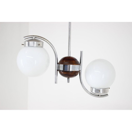 Vintage kroonluchter van art deco glas, metaal en hout, Tsjecho-Slowakije 1930