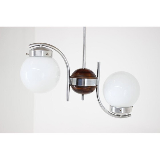 Image 1 of Vintage kroonluchter van art deco glas, metaal en hout, Tsjecho-Slowakije 1930