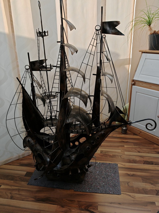 Image 1 of Sculptuur 4 masten zeilschip metaal, uniek stuk, enig in zijn soort