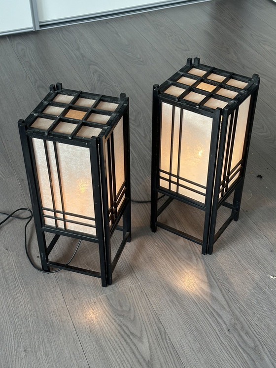 Image 1 of Vintage Japanse Lamp Shoji Rijstpapier Hout Zwart Midcentury Jaren 70