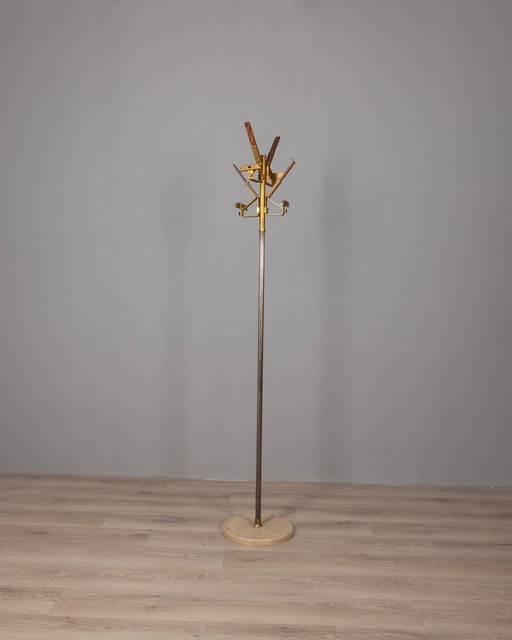 Vintage 1960S Kapstok In Marmer Messing En Hout Italiaans Ontwerp