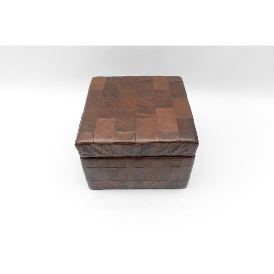 Image 1 of Vintage patchwork poef in chocoladebruin leer met opbergruimte, Zwitserland 1960