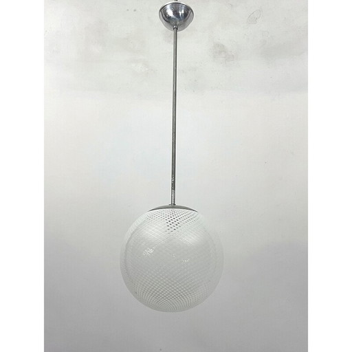 Vintage bol hanglamp in Murano glas en metaal van Venini Reticello, Italië 1950