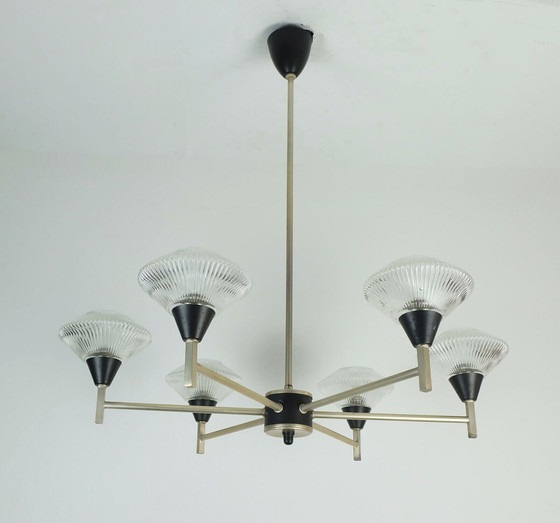 Image 1 of 6-lichts Mid century CHANDELIER hanglamp glas aluminium en metaal earyl 1960