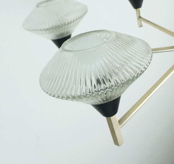 Image 1 of 6-lichts Mid century CHANDELIER hanglamp glas aluminium en metaal earyl 1960