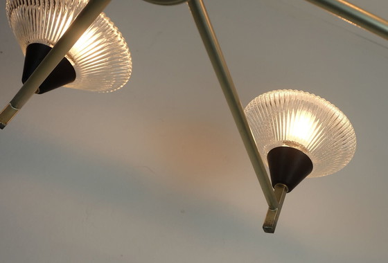 Image 1 of 6-lichts Mid century CHANDELIER hanglamp glas aluminium en metaal earyl 1960