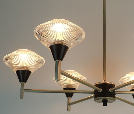 Image 1 of 6-lichts Mid century CHANDELIER hanglamp glas aluminium en metaal earyl 1960