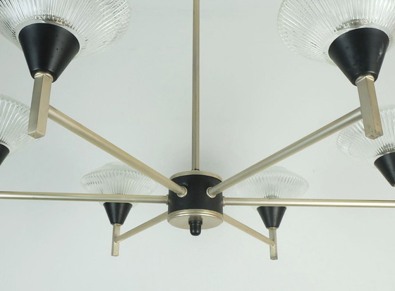 Image 1 of 6-lichts Mid century CHANDELIER hanglamp glas aluminium en metaal earyl 1960