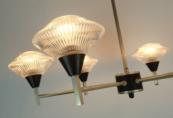 Image 1 of 6-lichts Mid century CHANDELIER hanglamp glas aluminium en metaal earyl 1960