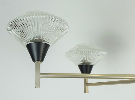 Image 1 of 6-lichts Mid century CHANDELIER hanglamp glas aluminium en metaal earyl 1960