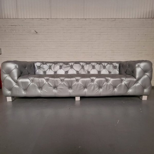 Hauxley 3-Zits Classic Chesterfield Bank – Zilver, Leer