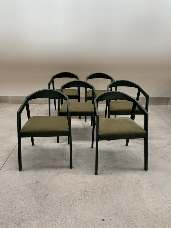 Image 1 of Set Van 6 Groene Eetkamerstoelen Uit Hout