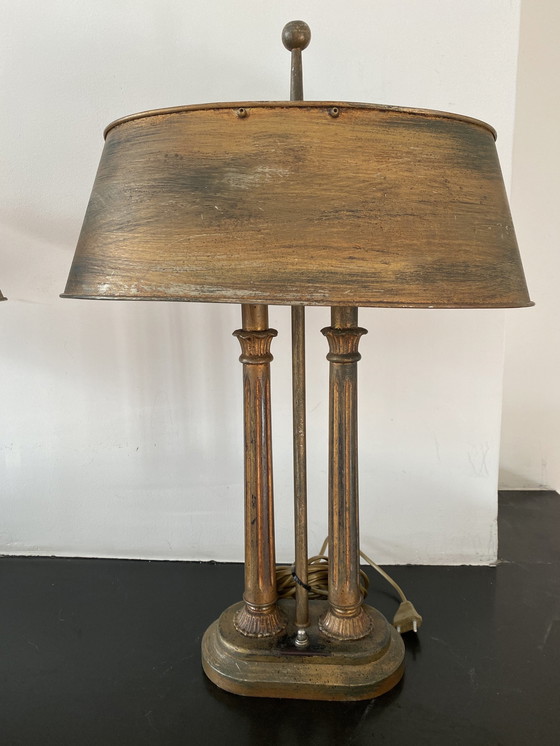 Image 1 of Twee Lampen, Empire Stijl Materiaal Hout/ Metaal, Antiek Messing Beschilderd.