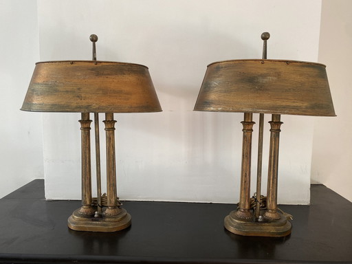 Twee Lampen, Empire Stijl Materiaal Hout/ Metaal, Antiek Messing Beschilderd.