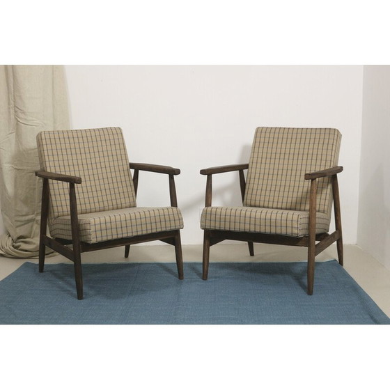 Image 1 of Paar vintage fauteuils in hout en geruite stof van Henryk Lis, jaren 1970