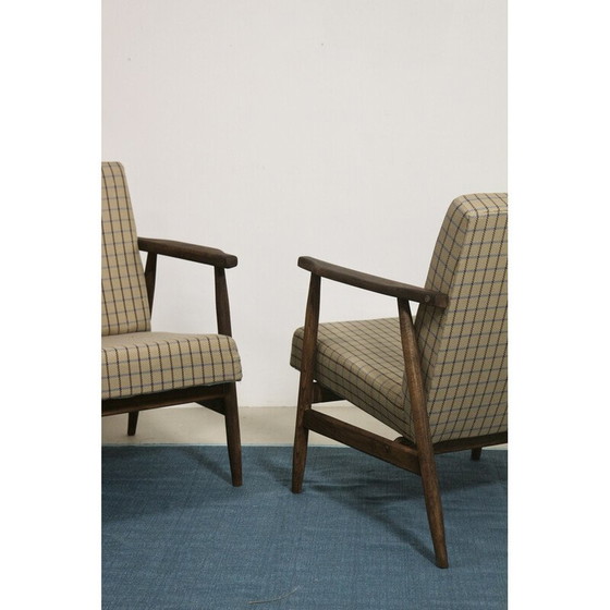 Image 1 of Paar vintage fauteuils in hout en geruite stof van Henryk Lis, jaren 1970