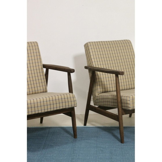 Image 1 of Paar vintage fauteuils in hout en geruite stof van Henryk Lis, jaren 1970