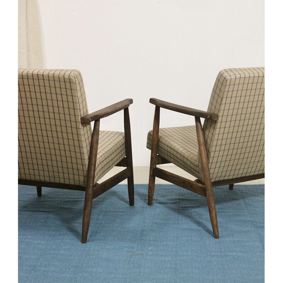 Image 1 of Paar vintage fauteuils in hout en geruite stof van Henryk Lis, jaren 1970