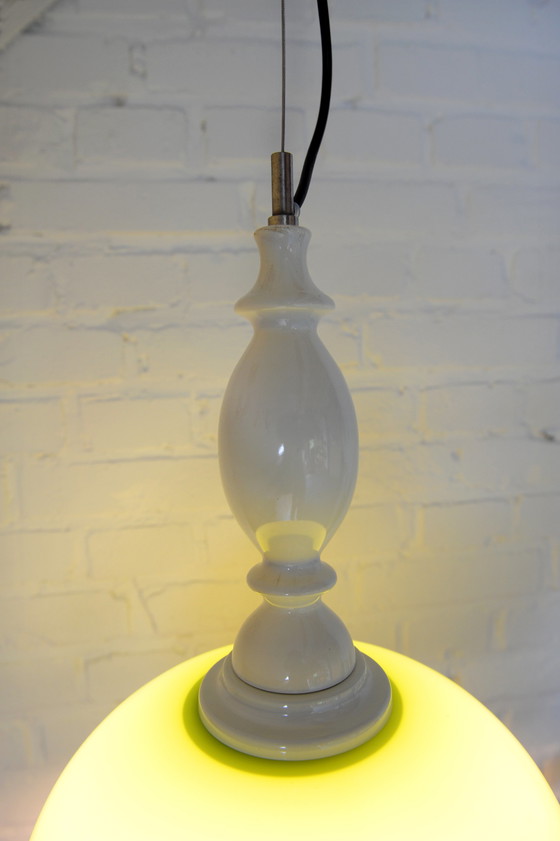 Image 1 of Vintage hanglamp groen opaline glas met wit houten armatuur
