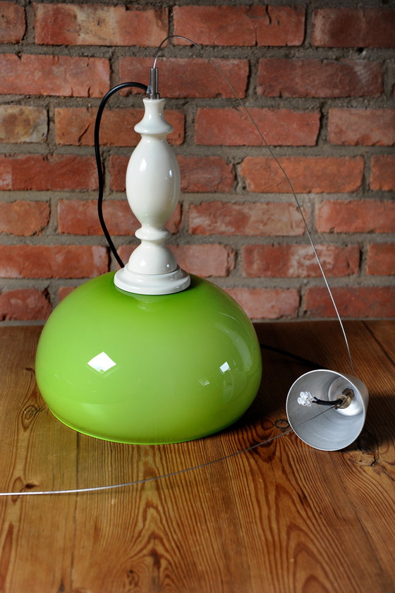 Image 1 of Vintage hanglamp groen opaline glas met wit houten armatuur