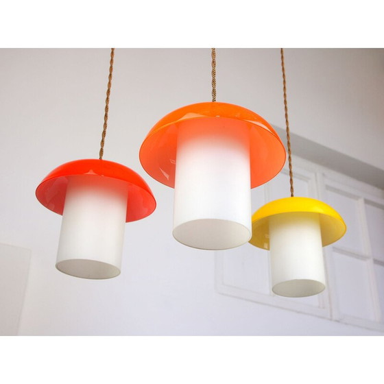 Image 1 of Set van 3 hanglampen van mid-century glas en messing