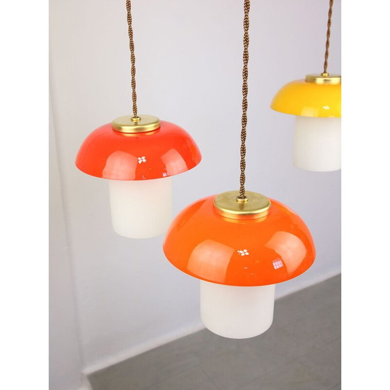 Image 1 of Set van 3 hanglampen van mid-century glas en messing