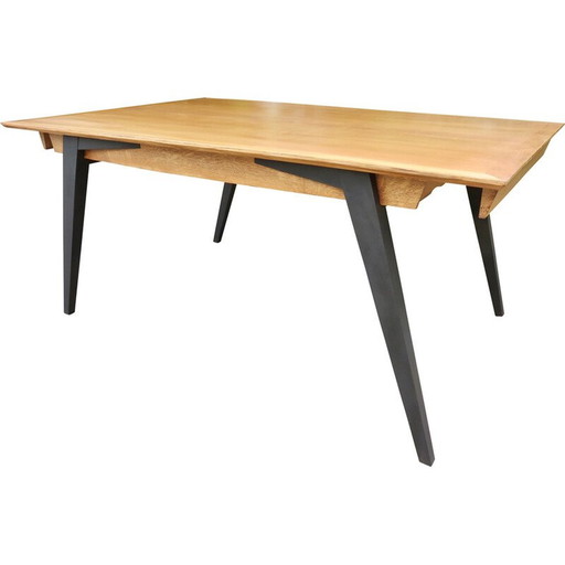 Vintage iepenhouten tafel met passerpoten, 1960
