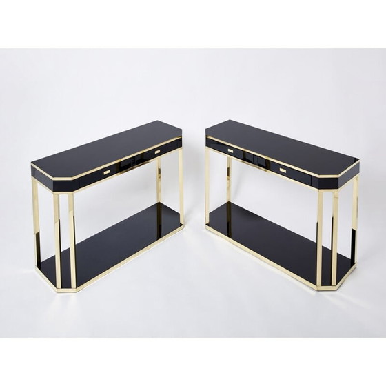Image 1 of Paar vintage zwart gelakte en messing consoles van Jean-Claude Mahey voor Maison Romeo, jaren 1970
