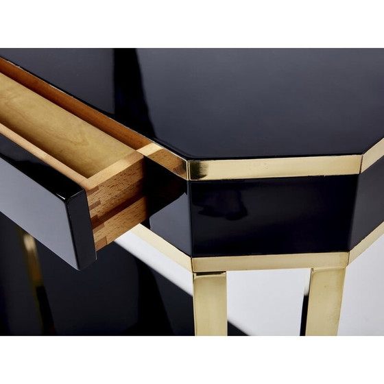 Image 1 of Paar vintage zwart gelakte en messing consoles van Jean-Claude Mahey voor Maison Romeo, jaren 1970