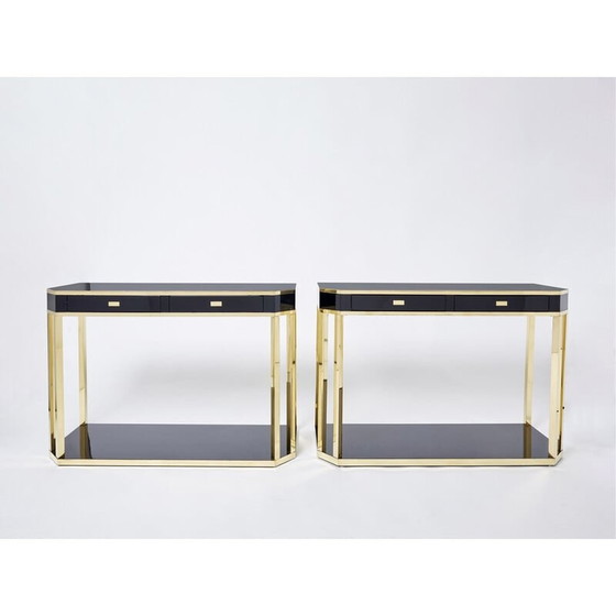 Image 1 of Paar vintage zwart gelakte en messing consoles van Jean-Claude Mahey voor Maison Romeo, jaren 1970