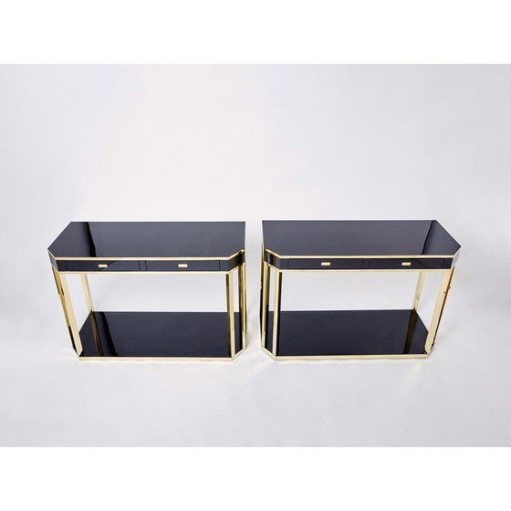 Image 1 of Paar vintage zwart gelakte en messing consoles van Jean-Claude Mahey voor Maison Romeo, jaren 1970