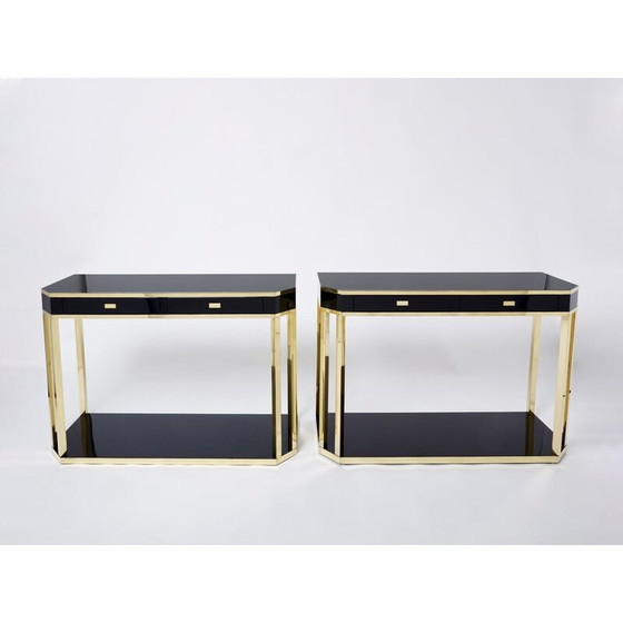 Image 1 of Paar vintage zwart gelakte en messing consoles van Jean-Claude Mahey voor Maison Romeo, jaren 1970