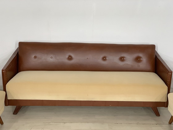 Image 1 of Mid Century bankstel 3-zitsbank en 2x fauteuil vintage