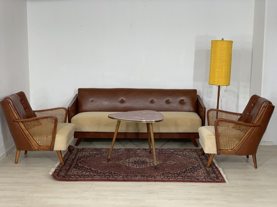 Image 1 of Mid Century bankstel 3-zitsbank en 2x fauteuil vintage