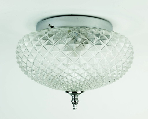 Vintage glazen plafondlamp met structuurglas en chroom 1970S