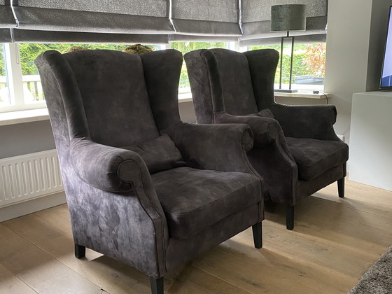 Image 1 of 2x Moderne oorfauteuils donker grijze velours