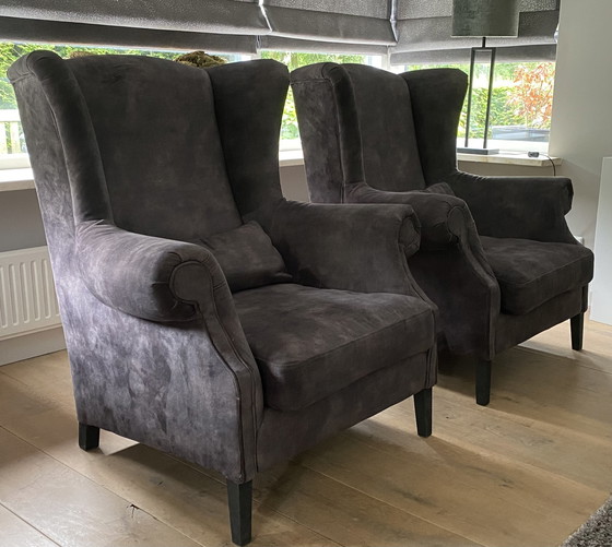 Image 1 of 2x Moderne oorfauteuils donker grijze velours