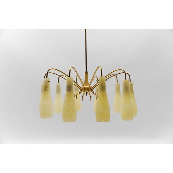 Image 1 of Vintage Spoetnik kroonluchter in messing en glas met 10 kaarslampen, Italië 1950