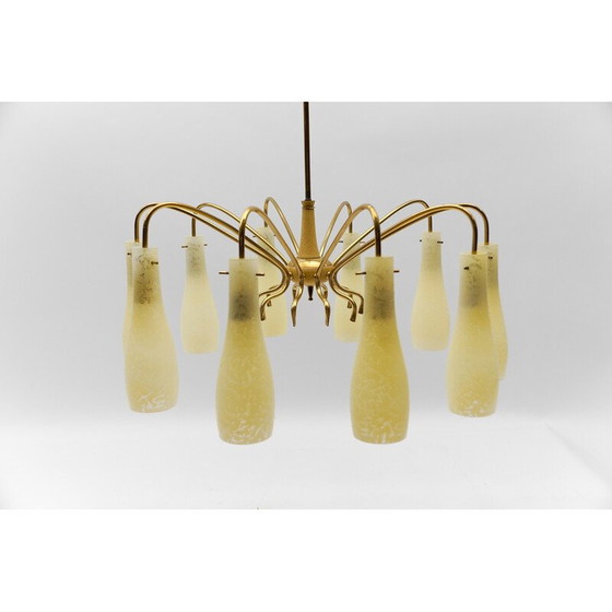 Image 1 of Vintage Spoetnik kroonluchter in messing en glas met 10 kaarslampen, Italië 1950