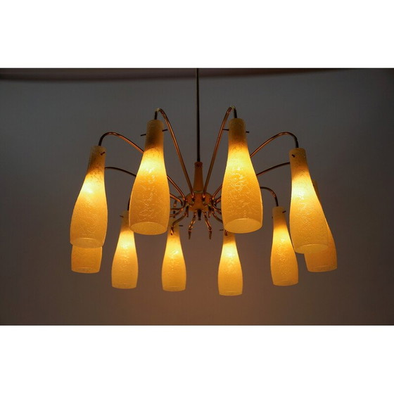 Image 1 of Vintage Spoetnik kroonluchter in messing en glas met 10 kaarslampen, Italië 1950