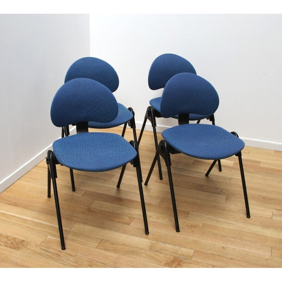 Image 1 of Set van 4 vintage contractstoelen van zwart gebeitst metaal en blauwe stof