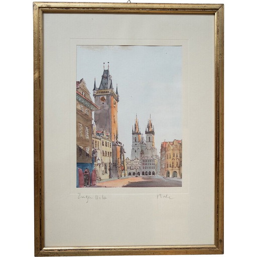 Vintage schilderij van het Oude Stadsplein in Praag, 1980