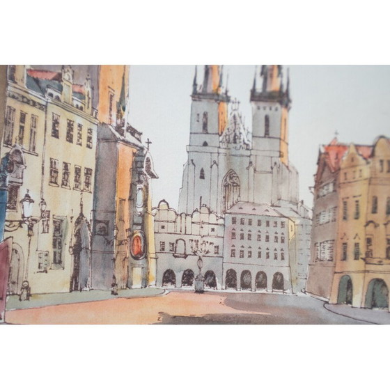 Image 1 of Vintage schilderij van het Oude Stadsplein in Praag, 1980