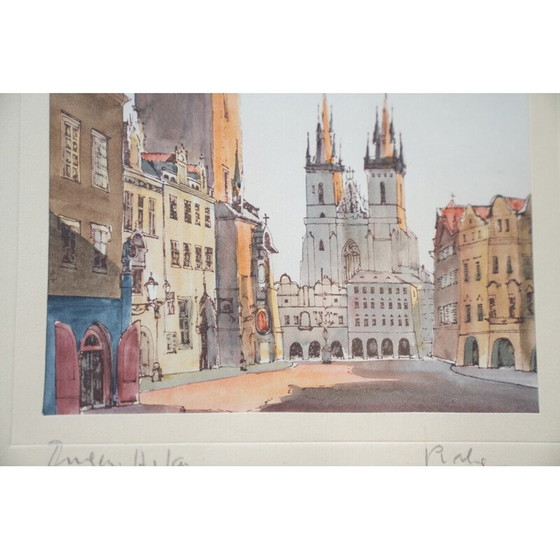 Image 1 of Vintage schilderij van het Oude Stadsplein in Praag, 1980