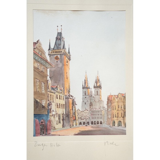 Image 1 of Vintage schilderij van het Oude Stadsplein in Praag, 1980